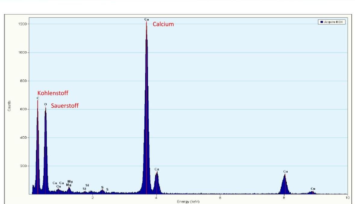 EDX-Spektrum der unbehandelten Wasserprobe — dominanter Calcium-Peak bei 3,7 keV